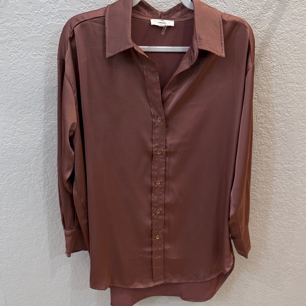 Elegant Entro Mauve/Rose Button-Up Blouse, Size Small